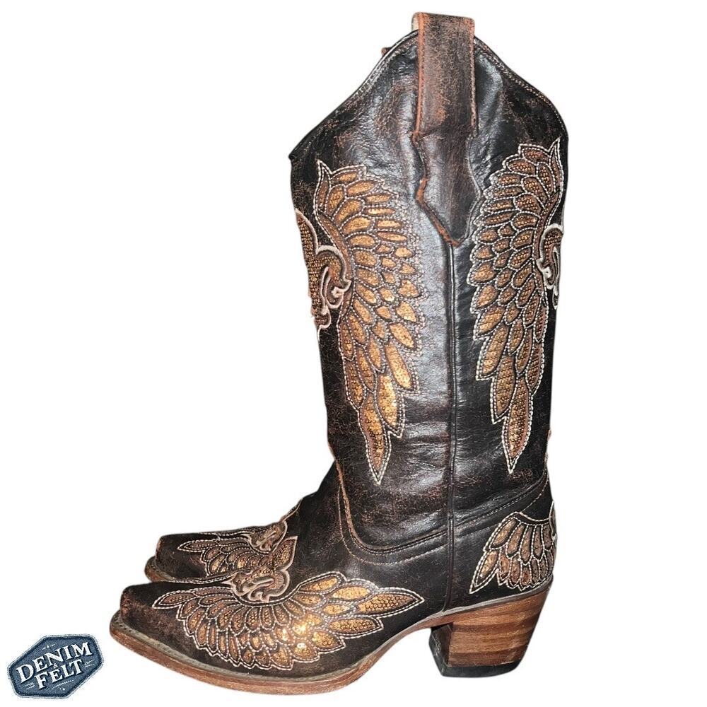 CORRAL WOMENS  FLOR DE LIS WINGS BROWN LEATHER SEQUIN WESTERN‎ COWBOY BOOTS